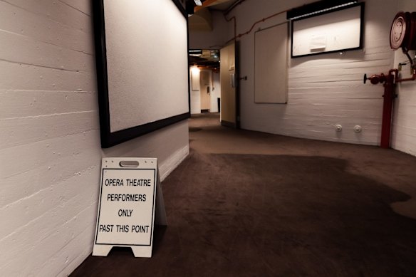 The sign still stands, but sadly the performers have left the building: a corridor that leads to the dressing rooms of the Joan Sutherland Theatre.