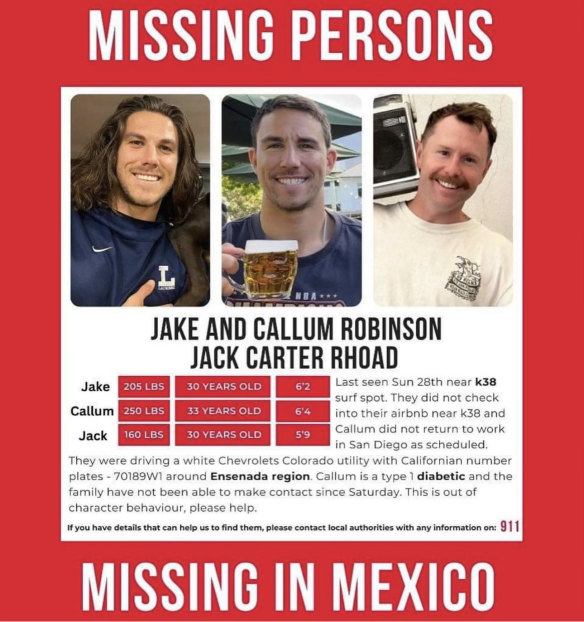 A missing persons poster for Australian brothers Jake and Callum Robinson and American Jack Carter Rhoad.