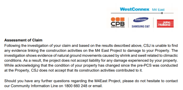 Letter to a resident rejecting their 'claim' for compensation for damages to their property from the WestConnex project.