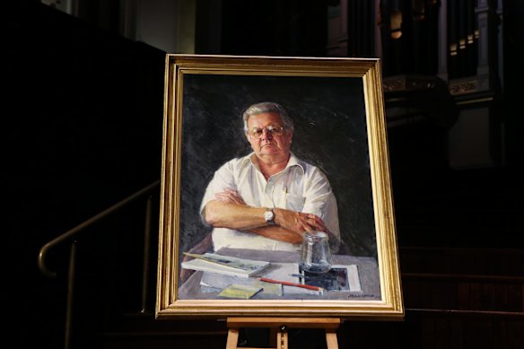 A portrait of Jack Mundey, celebrated Australian union and environmental activist in the green ban movement in the 1970's, at his State memorial Service at Town Hall in Sydney.