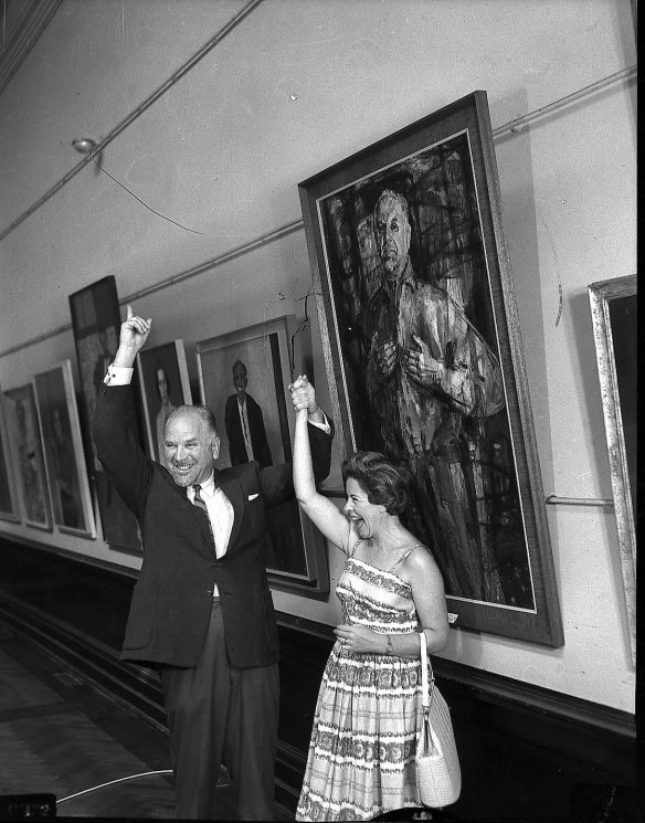 Judy Cassab is congratulated by artist Stanislaus Rapotec, when she won the 1960 Archibald Prize with a portrait of him.