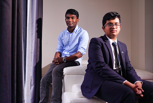 Dr Devang Krishna has been tutoring Point Cook P-9 year 8 student Madhav Rajesh before the select-entry high school exam on Saturday. 
