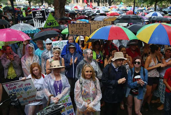 SYDNEY, AUSTRALIA - MARCH 16:  Protesters demonstrate against the Abbott led Coalition Government on March 16, 2014 in Sydney, Australia. March In March is a nationwide grassroots protest organized to deliver a statement of no confidence in the current Australian Government.  (Photo by Don Arnold/Getty Images)