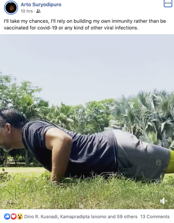 Facebook post from Indonesia's ambassador to India Sudharto 'Arto' Suryopiduro, indicating he would rather do push ups than take a vaccine to protect himself against coronavirus. 