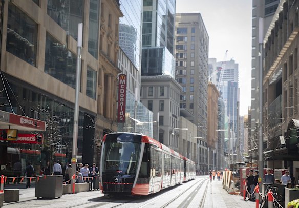 The Sydney Light Rail travels down George Street Sydney during daylight hours for the first time. 