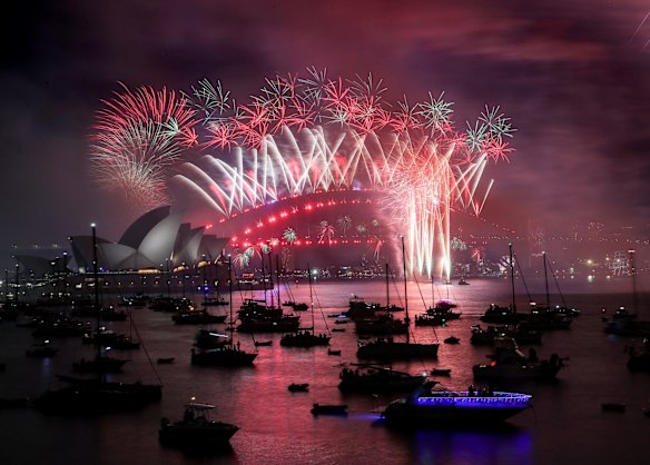 The midnight New Year's Eve fireworks over Sydney Harbour, viewed from Mrs Macquaries Point.