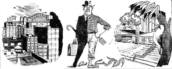 Cartoon by Dick Sealey for article "Long distance commuters - We're schizophrenics all" published in The Sydney Morning Herald on November 3, 1956