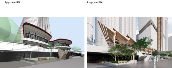 The approved plan (left) and proposed changes (right) for the Waterfront Pavilion on the Brisbane River.