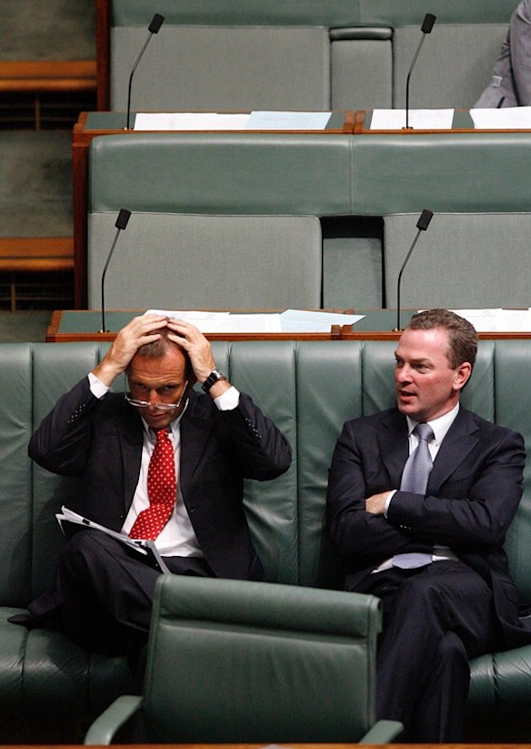 Leader of the Opposition Tony Abbott and Shadow Minister for Education, Apprenticeships and Training Christopher Pyne during question time at Parliament House, Canberra on Tuesday 2nd February 2010. 