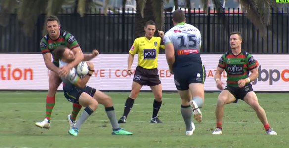 Sam Burgess hits Aidan Sezer with a high shot.