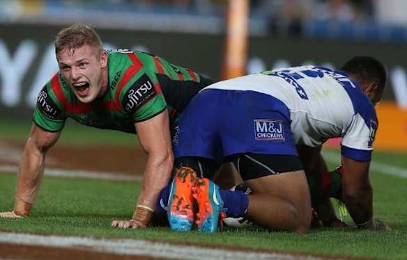George Burgess scores for the Rabbitohs during the  2014 NRL Grand Final.