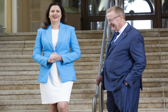Australia’s Olympic supremo John Coates, pictured with Queensland Premier Annastacia Palaszczuk, played a key role in building political support for Brisbane’s 2032 bid.