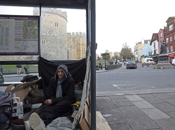 Stuart, no surname given, with his possessions in a bus stop near Windsor Castle.