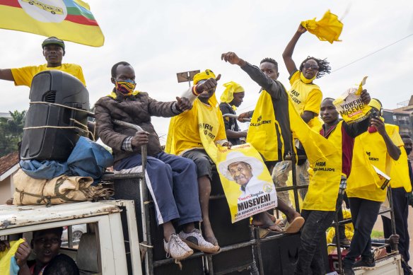 Supporters of Ugandan President Yoweri Kaguta Museveni celebrate in Kampala.
