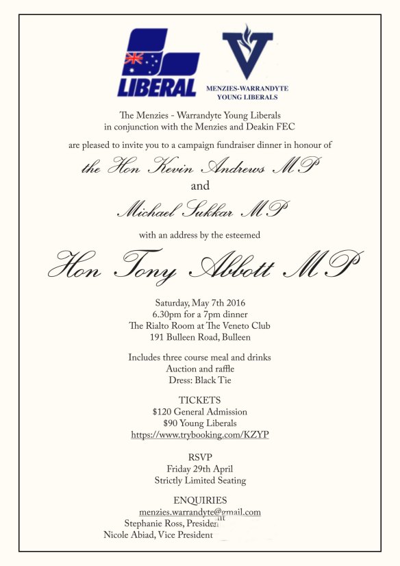 The invitation to the Liberal party fundraiser for Kevin Andrews, to be addressed by former PM Tony Abbott