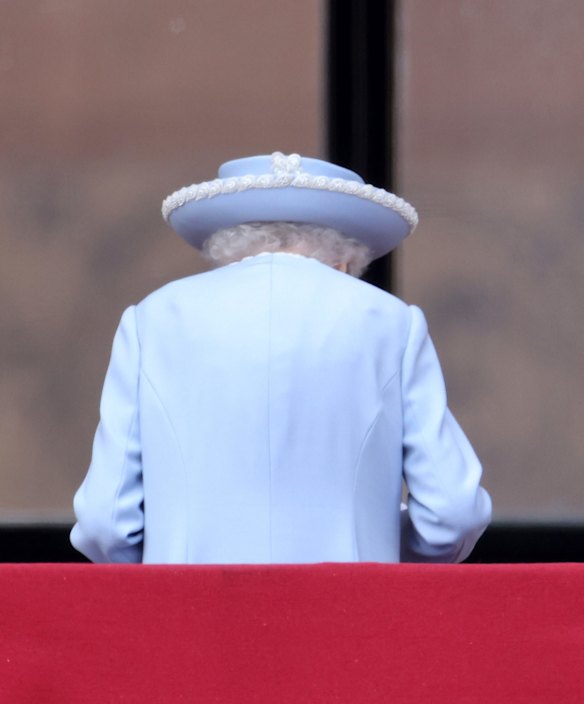 Queen Elizabeth II leaves the balcony after the Trooping the Colour. She later announced her withdrawal from a thanksgiving church service planned as part of the jubilee celebrations citing "mobility discomfort".