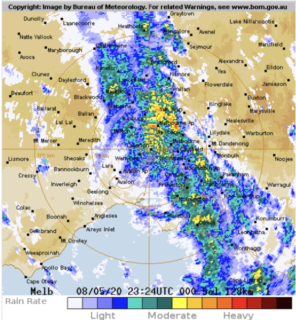 Melbourne weather radar at 10am on Saturday. A cold front is moving across the state this weekend after a run of mild, dry days.