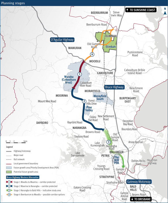 The proposed route of the Bruce Highway Western Alternative, or Moreton Motorway, showing finalised stages one and two, the study area for a southern third stage, and the now-dumped stage four to the north.