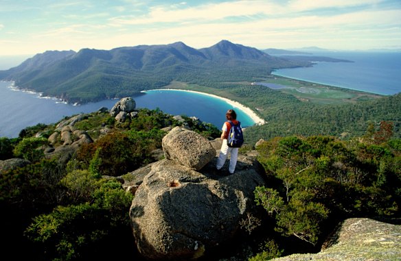 MT AMOS: Mt Amos isn't high - just 454 metres above sea level - but the scene from its summit well and truly defies the numbers. Peering straight down into Wineglass Bay and along the length of Freycinet Peninsula, it's arguably the finest coastal view in Tasmania, but it takes effort to attain. Deviating off the Wineglass Bay track just a few metres from its start, the walk ascends steeply up the mountain's bare granite slopes (it's treacherous when wet), requiring the use of hands almost as much as feet. It's just four kilometres return, but expect it to take about three hours.