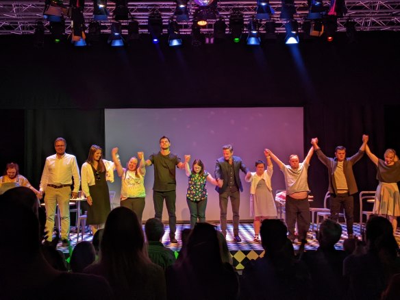 Playwright and actress Julia Hales and the cast bow after the performance of <i>You Know We Belong Together</i> at London’s Southbank Centre.
