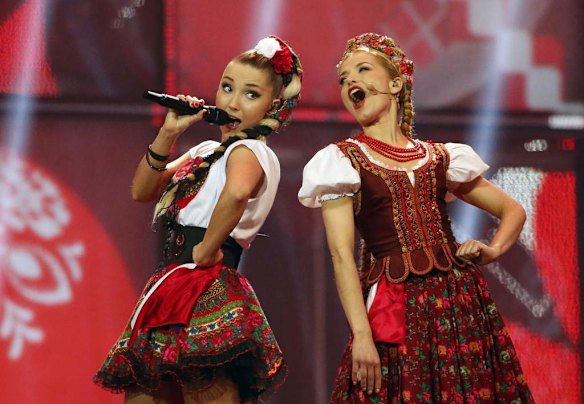 Donatan & Cleo representing Poland perform the song "My Slowianie- We Are Slavic" during the grand final of the 59th Eurovision Song Contest.