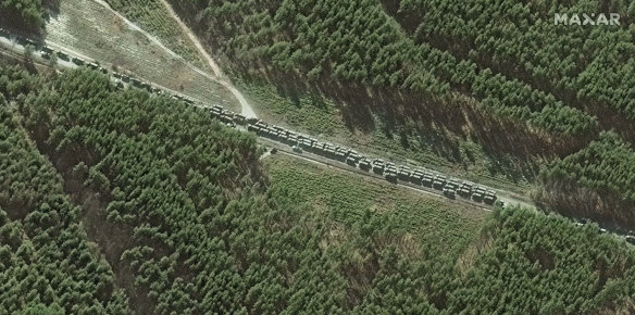 This Maxar satellite image taken on February 28 shows the northern section of a convoy with more than 100 vehicles in the southeast of Ivankiv, Ukraine.