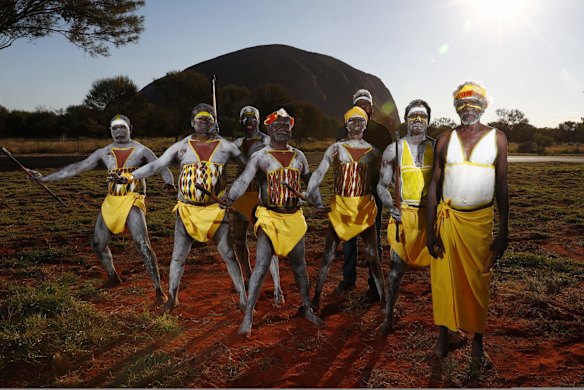 Gumatj clan ceremonial leaders who will perform the Gurtha ceremony at the opening ceremony of the First Nations National Convention held in Uluru.