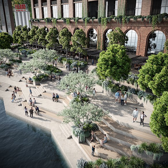 The planned concrete steps down to Brisbane River at Howard Smith Wharves. 
