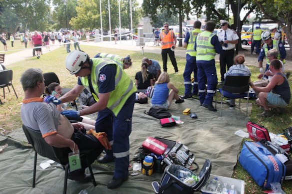 Injured attended to in local park, after a train hit a buffer at Richmond Station. 