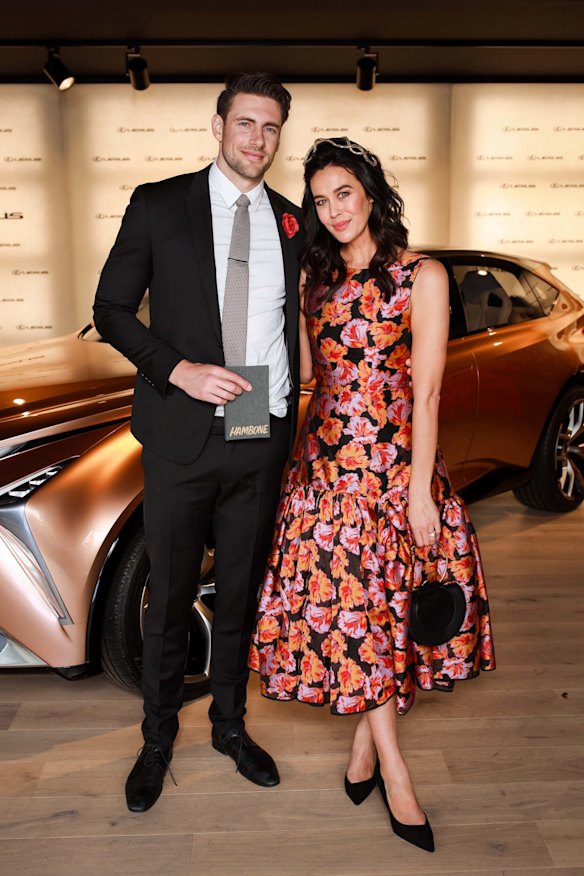 Shaun Hampson and Megan Gale at the Lexus marquee in the Birdcage on Oaks Day 2018.