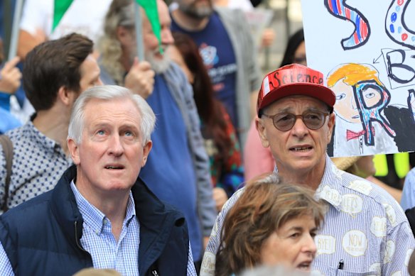 Dr John Hewson and Dr Karl Kruszelnicki at the March for Science Sydney rally in Martin Place .