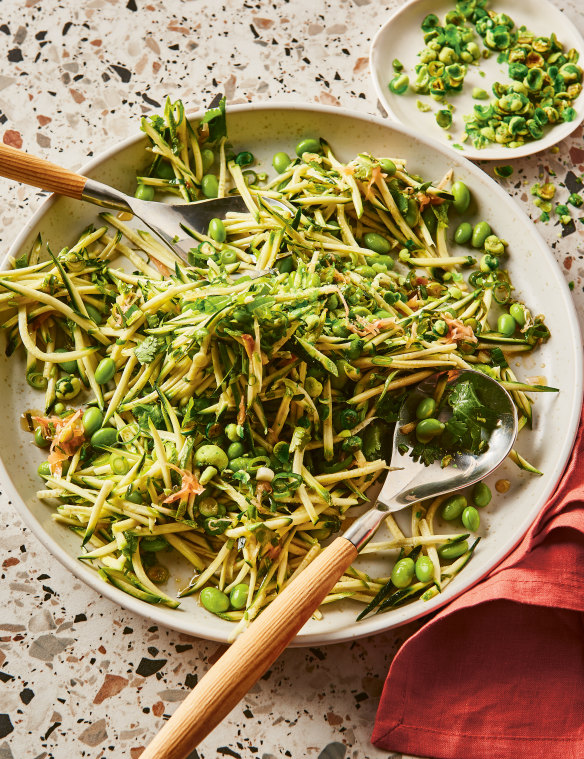 This shaved zucchini and edamame salad is best once it’s spent time with the dressing.