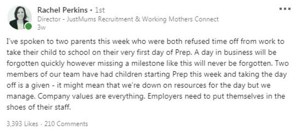 Rachel Perkin's LinkedIn post has prompted working parents to share experiences of poor workplace culture. 
