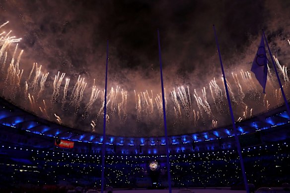 Fireworks explode during the Closing Ceremony on Day 16 of the Rio 2016 Olympic Games.