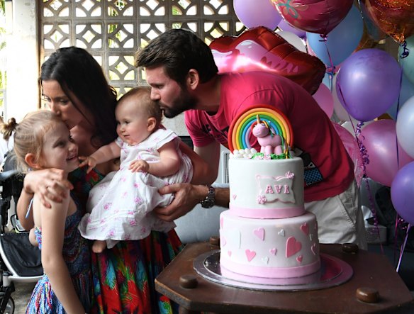 Bethan and Johnny McElwee with Aviana and their niece, at Aviana's first birthday party at their home in Darwin.