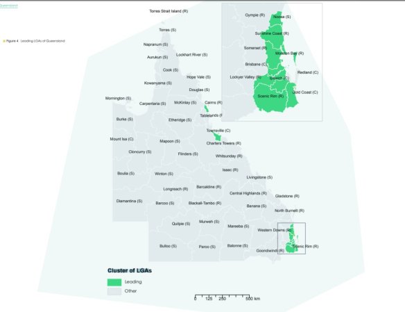 Performance of local government areas, with the ten leading areas shown in green. 
