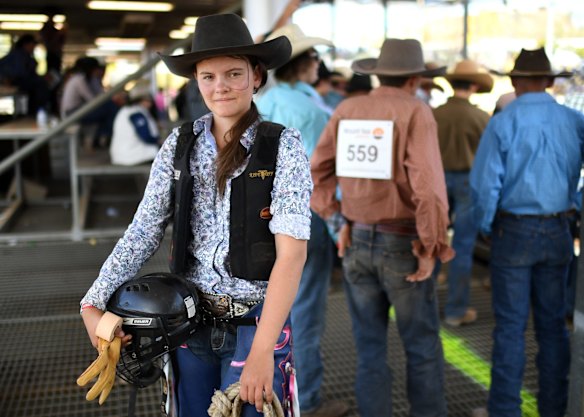 16 year-old Sharlette Johnson, the only female bull rider at the Mount Isa Mines Rodeo.