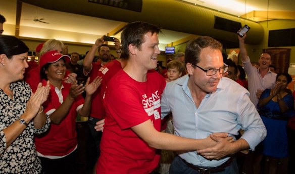 Labor candidate Luke Gosling celebrates winning the Darwin Seat of Solomon with supporters. 
