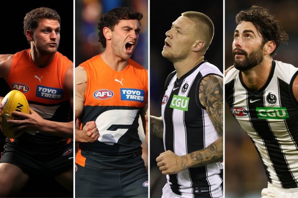 Left to right: GWS Giants’ Jacob Hopper and Tim Taranto; Collingwood’s Jordan De Goey and Brodie Grundy.