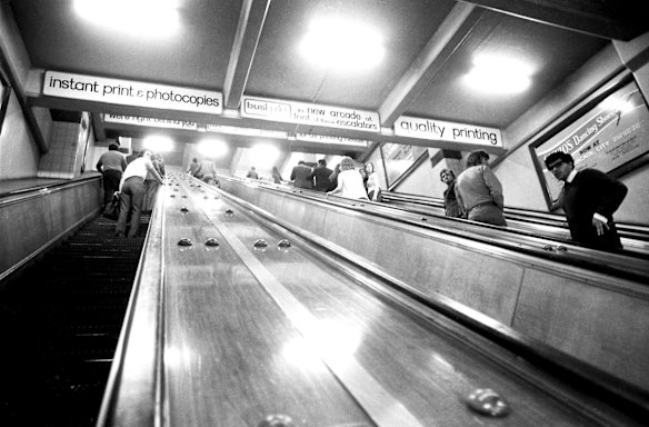 Commuters leave Sydney's Wynyard Station due to a bomb scare on 21 October 21, 1974.