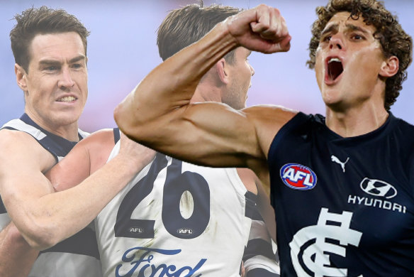 Big-impact forwards: Cats stars Jeremy Cameron and Tom Hawkins, and Carlton gun Charlie Curnow.