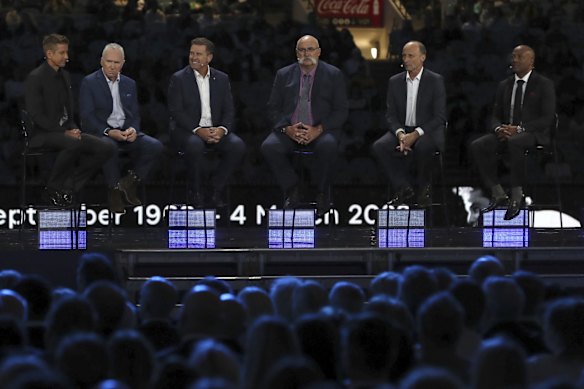Former players, from second left, Allan Border, Mark Taylor, Merv Hughes, Nasser Hussain and Brian Lara spoke of their admiration for Warne. Border credited Warne with revitalising his captaincy while Hussain described him as the best bowler he ever saw.