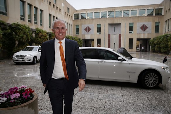 Prime Minister Malcolm Turnbull returns to Parliament House after visiting Government House to ask the Governor-General to call a double dissolution election on July 2 in Canberra on Sunday 8 May 2016.