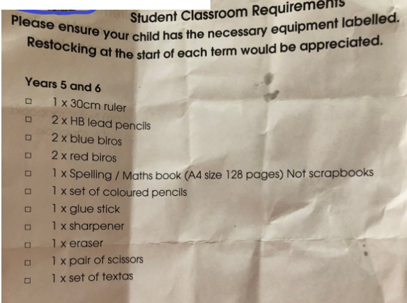 A NSW school has given parents a stationery checklist, adding that "restocking at the start of each term would be appreciated".