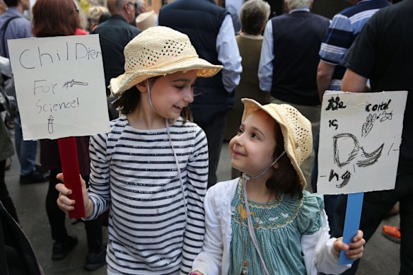 Sisters Charlotte and Esme Madin at the March for Science Sydney rally in Martin Place.