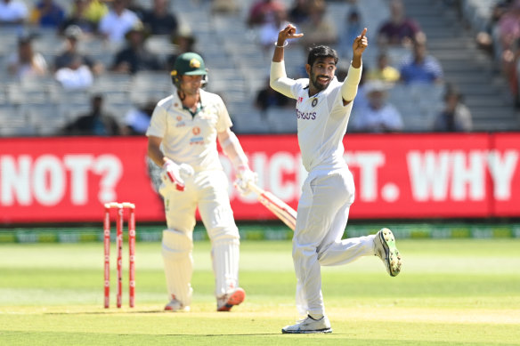 Jasprit Bumrah with the Joe Burns breakthrough.