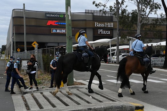 Heavy police presence at Bass Hill Plaza in anticipation of an anti-lockdown protest which never eventuated.