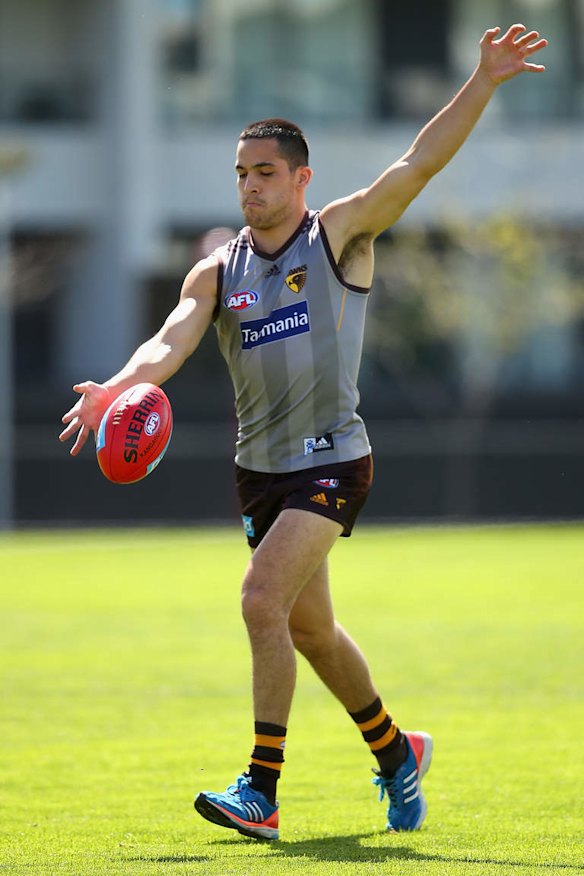 Shane Savage of the Hawks kicks during a Hawthorn Hawks AFL training session at Waverley Park.