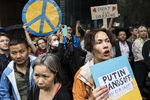 People rally in Sydney in support of Ukraine.