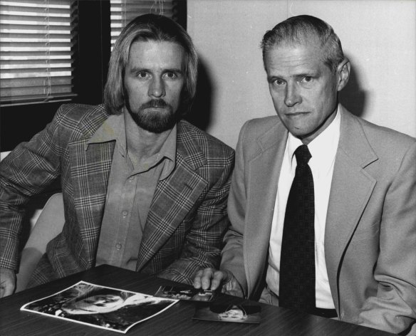 Chris Bigum, a friend of missing girl Barbara Brown, with her father Ronald Brown during the search in 1978.